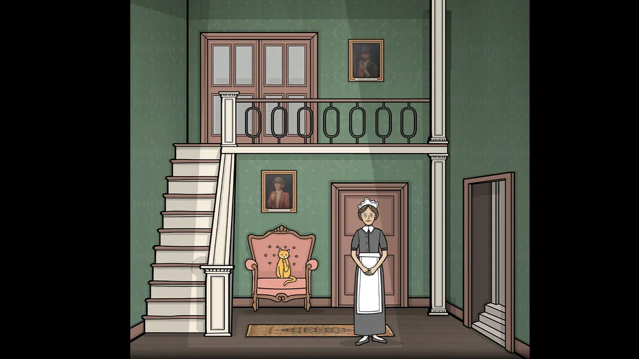 The estate entrance hall with the staircase, the maid and Rustie the cat on a pink armchair