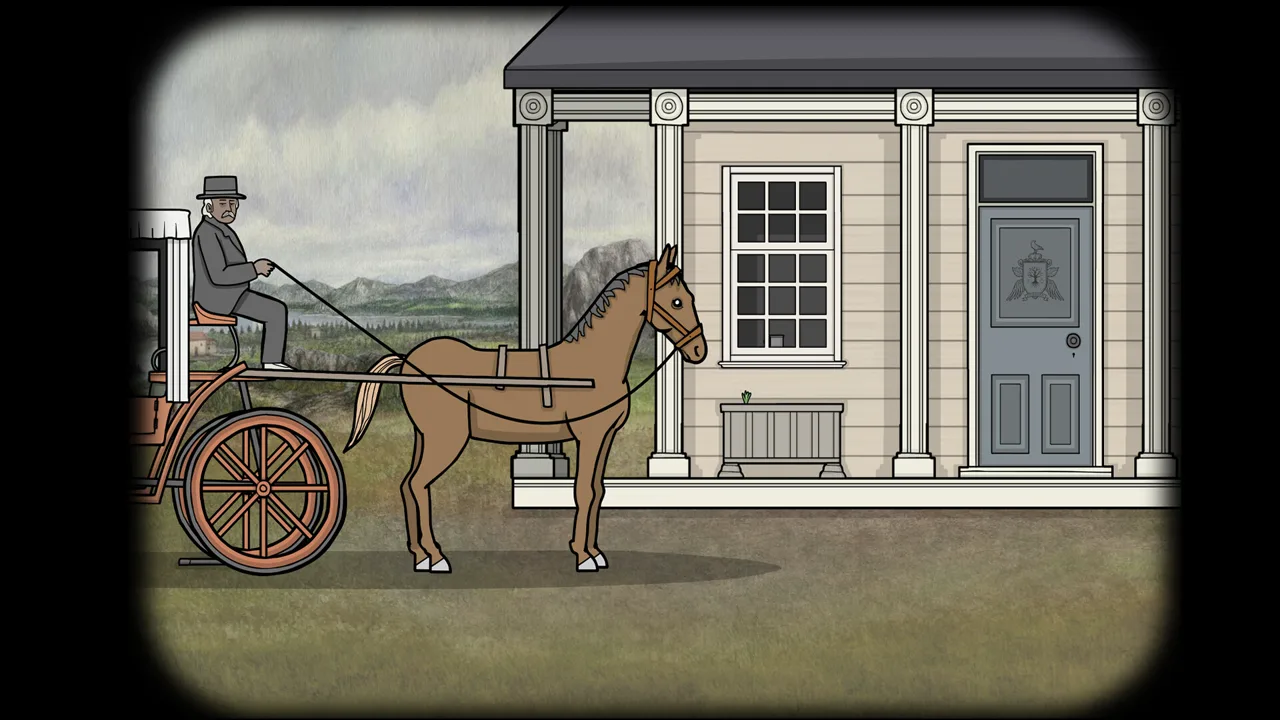 The coachman waiting outside the Vanderboom estate with the horse and carriage