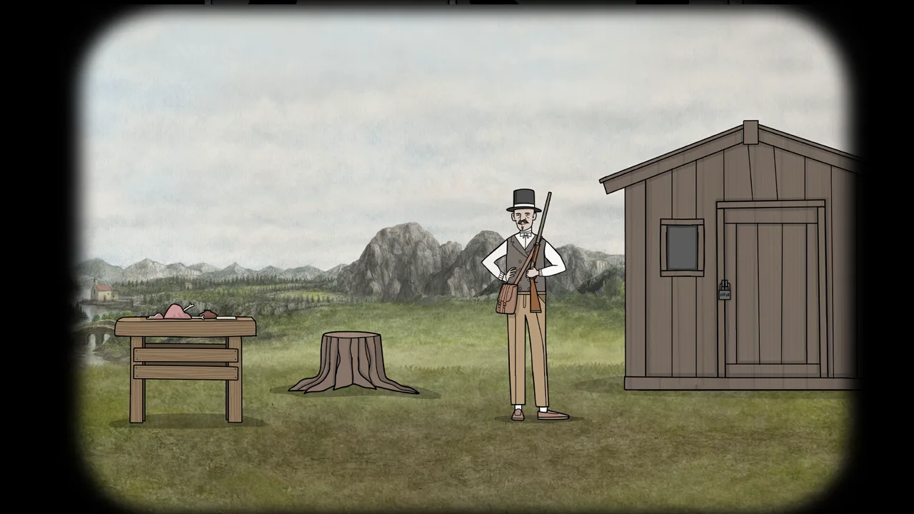 A man with a rifle standing in a field beside a hunting shed and a butchering table