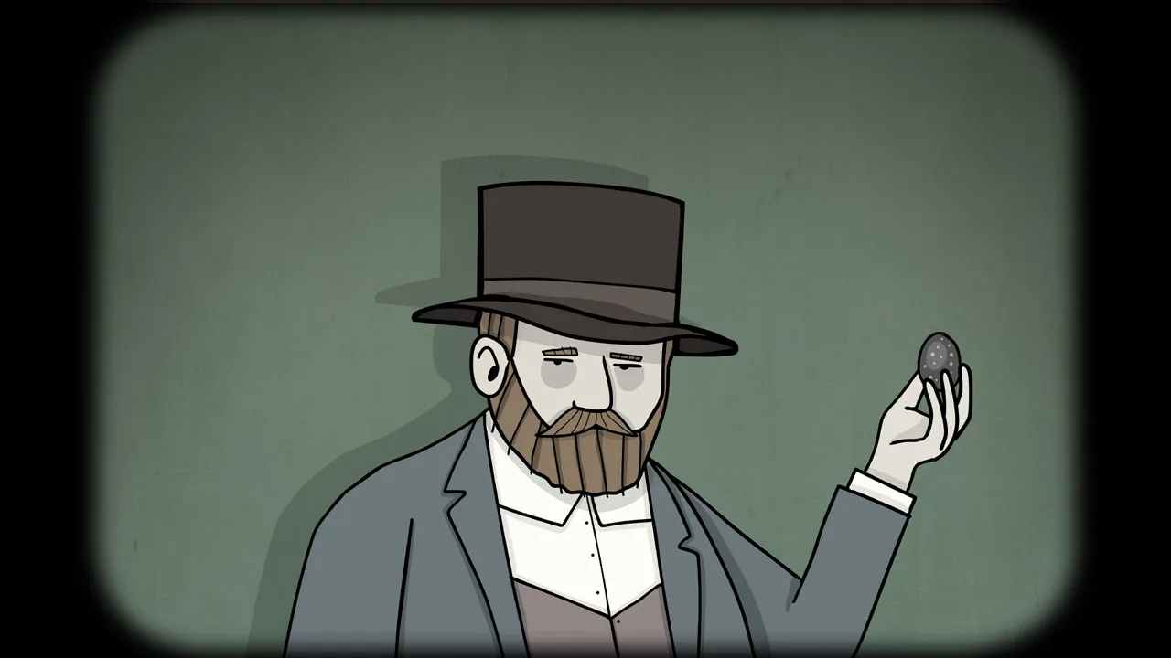 Close-up of a bearded Vanderboom in a top hat holding a small speckled stone